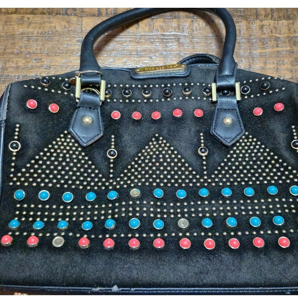 Nicole Lee USA Black Studded Satchel Bag Turquoise Coral Gold Accents Boho Edgy